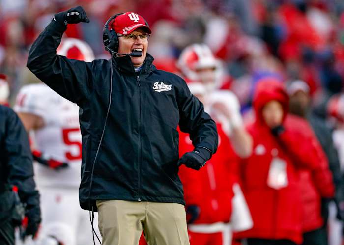 Indiana coach Tom Allen pumps his fists during a game